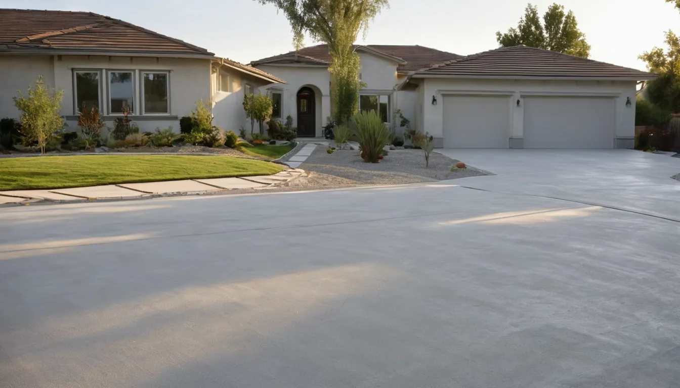 A freshly poured concrete driveway outside a stucco ranch home in Mission Viejo